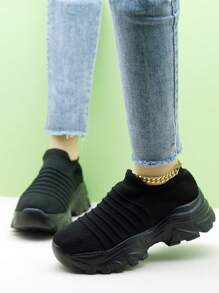 Damskie czarne grube podeszwy dzianinowe trampki platforma Retro buty w stylu casual wsuwane buty ze skarpetami