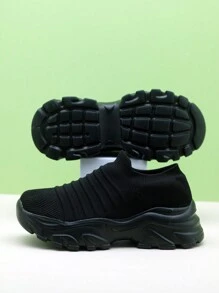 Damskie czarne grube podeszwy dzianinowe trampki platforma Retro buty w stylu casual wsuwane buty ze skarpetami