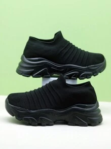 Damskie czarne grube podeszwy dzianinowe trampki platforma Retro buty w stylu casual wsuwane buty ze skarpetami