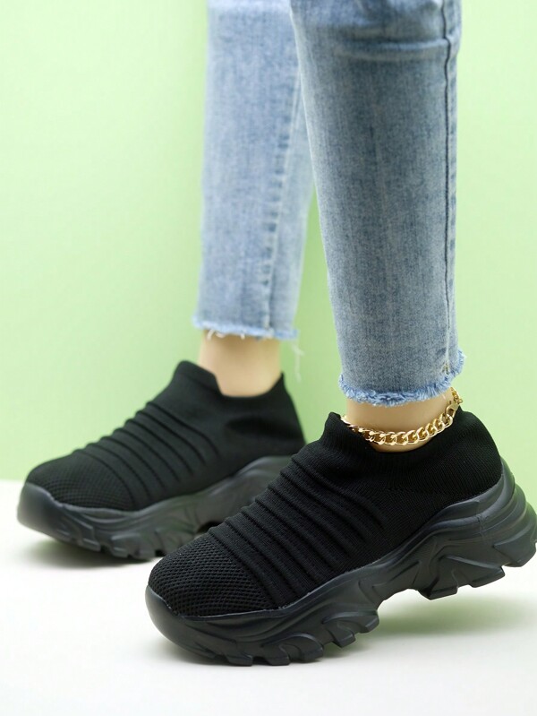 Women Black Thick Sole Knit Sneakers Platform Retro Casual Shoes Slip-On Sock Shoes
