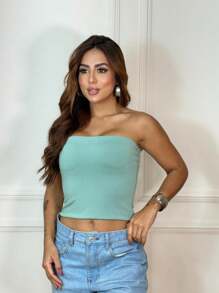 Women's Basic Cropped Tube Top Strapless Long Double Tube Top Without Pads - 薄荷綠 - 查看 3