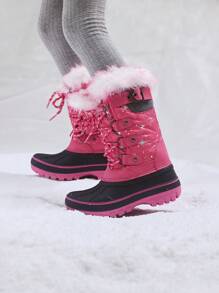 Kids Snow Boots, Waterproof Insulated Mid Calf Winter Boots With Black Faux Fur Lining For Boys And Girls - Màu đỏ tím - Xem 3