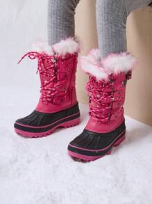 Kids Snow Boots, Waterproof Insulated Mid Calf Winter Boots With Black Faux Fur Lining For Boys And Girls - Màu đỏ tím - Xem 2