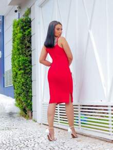 Premium Ribana Fabric Thin Strap Midi Dress Wearing From 36 To 44, Modern, Basic, Women's Fashion, Trend, Plain, Feminine, Casual, Summer, Beach, Heat, Trend, Blogger, Modern, Comfortable, Versatile, Light, Elegant, Clothing Feminine - 紅色 - 查看 2
