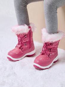 Boys Girls Toddle Snow Boots Mid Calf Slip Resistant Warm Lined With Snowflake-Shaped- Decoration For Christams Gifts - 玫紅色 - 查看 2