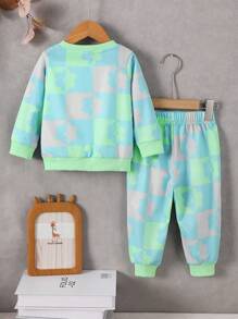 2pcs/Set Young Girl Knit Printed Casual Elastic Outfit, Autumn