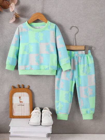 2pcs/Set Young Girl Knit Printed Casual Elastic Outfit, Autumn