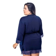 Sexy Plus Size Microfiber Robe With Satin Bow For Bride With Lace Details Half Sleeve - Blue - View 2
