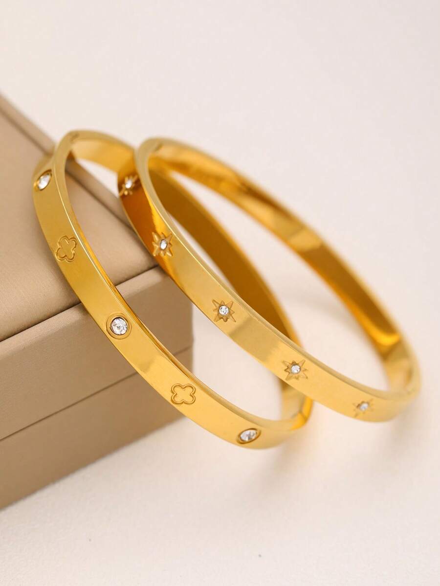 2 chiếc vòng tay đính đá Cubic Zirconia bằng thép không gỉ thời trang dành cho nữ, thích hợp cho các bữa tiệc, họp mặt và đeo hàng ngày - Vàng - Xem 1