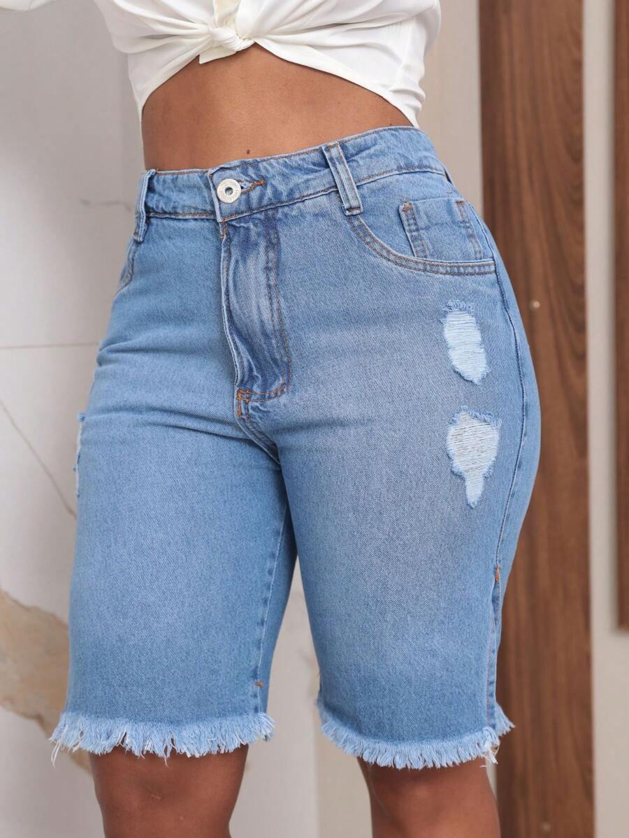 Women's Jeans Jorts With Side Cutout - 淺色水洗藍 - 查看 1