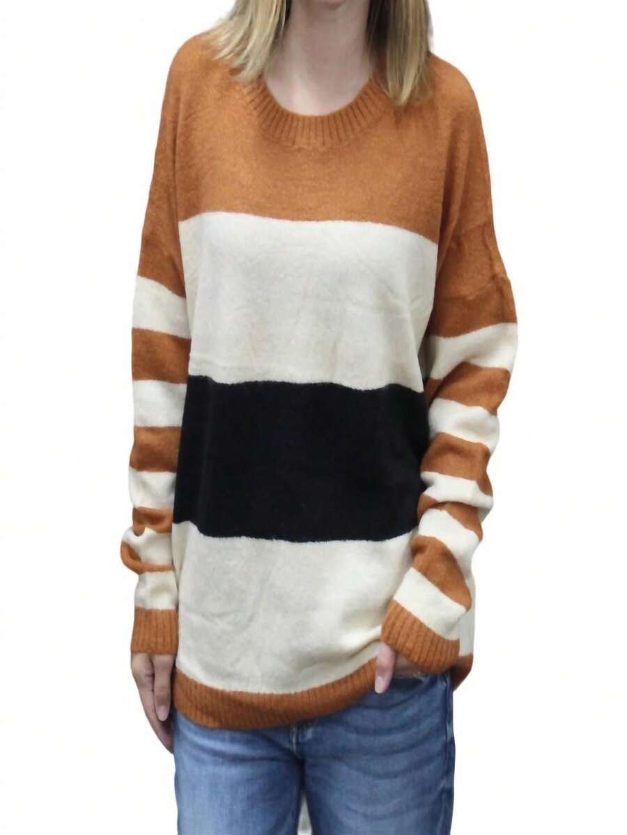 Doe And Rae Addison Color Block Sweater - Cognac/Cream - View 1