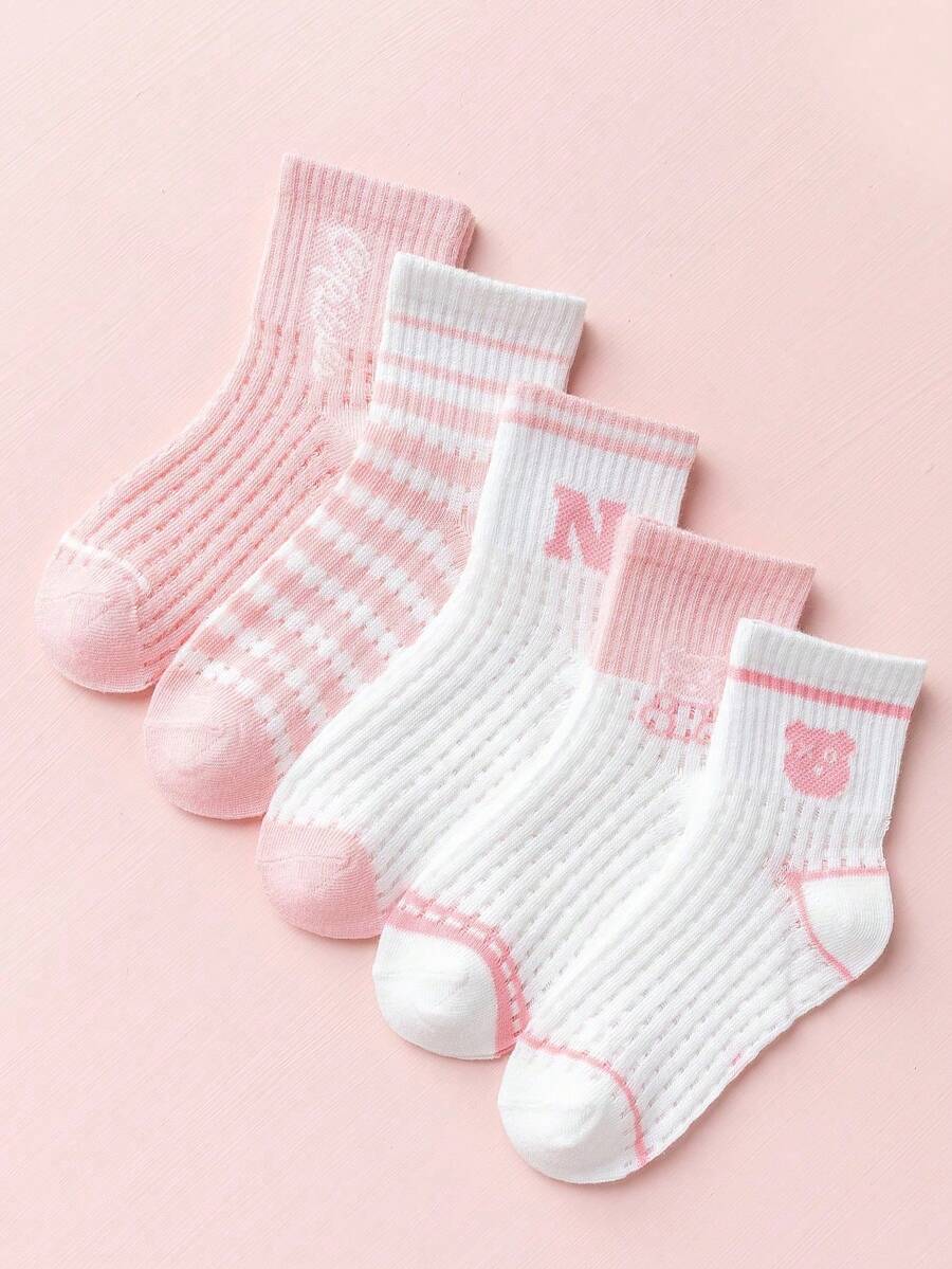 5雙女孩條紋圖案透氣時尚中筒襪適用於日常生活 - 彩色 - 查看 1