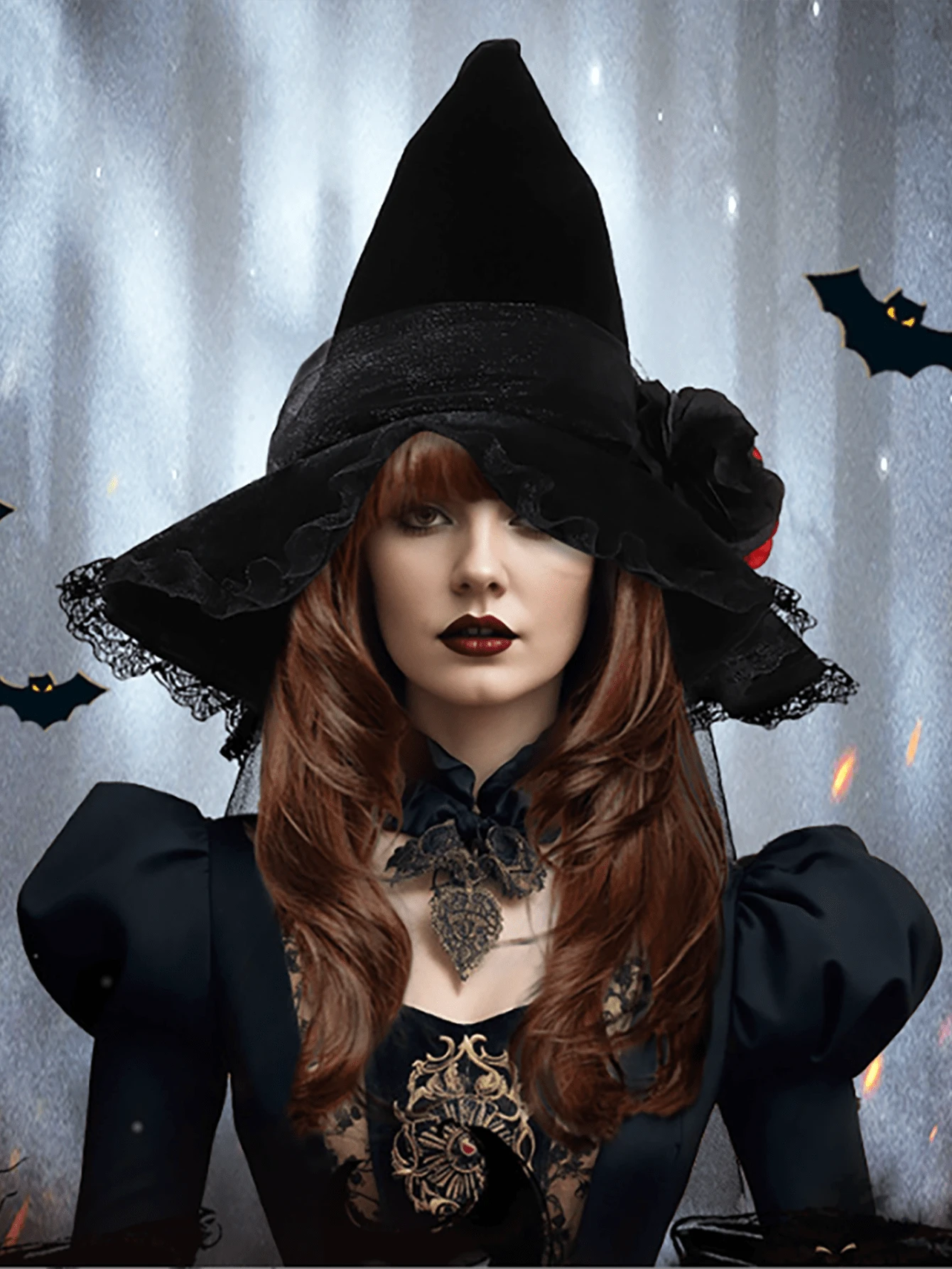 1 chiếc mũ hoa hồng Polyester (polyester) mới cho Halloween, mũ Baroque, mũ lưới hoa giả nữ hoàng Gothic, phụ kiện trang phục, đạo cụ, mũ tiệc theo chủ đề, mũ phù thủy, mũ phù thủy quanh năm - màu đen - Xem 1