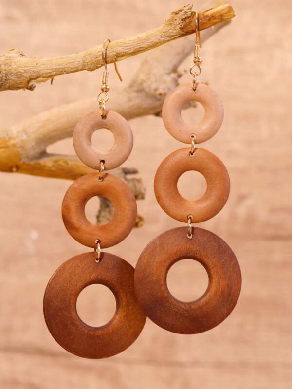 1 Coppia di Orecchini a Pendente in Legno Massiccio a 3 Anelli, Stile Bohémien Vintage per Donne, Indossabili Ogni Giorno