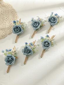 6pcs Rose Flower With Green Plant Romantic Floral Brooch Set, Suitable For Wedding Decor, Events, Formal Parties Valentine's Day
