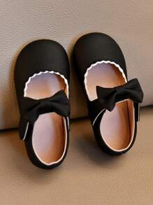 1 双女婴蝴蝶结装饰钩环百搭平底鞋防滑软底皮鞋浅口休闲鞋适合所有季节 - 黑色 - 查看 2