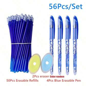 1 set de 56 pièces Stylos à bille rechargeables et recharges, stylos gel effaçables 0,5 mm, adaptés à la saison de retour à l'école des étudiants