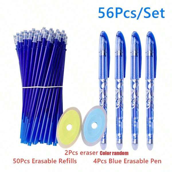 1 Set de 56 bolígrafos recargables y recargas, 0.5mm Bolígrafos de gel borrables, adecuados para la temporada de regreso a clases de los estudiantes