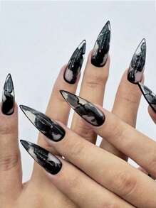 Uñas postizas de tacón alto estiletto largos, uñas de goma lisas, uñas acrílicas en forma de almendra, uñas góticas, diseño de uñas postizas de malla gótica, 24 piezas - Multicolor - Ver 1