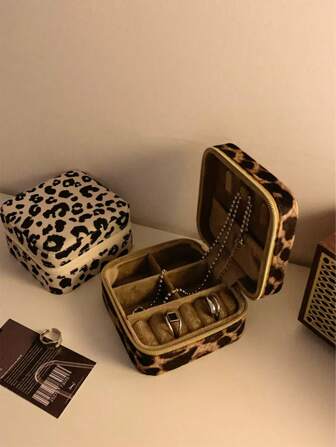 1pc Leopard Pattern Jewelry Box Portable Accessories Organizer For Earrings Rings Storage Back To School