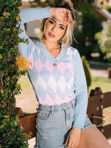 Women's Blouse Scottish Plaid Knitting Sweater V-Neck Tricot - Màu xanh nhạt - Xem 2