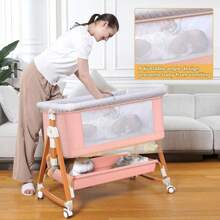 3-In-1 Baby Bassinet Bedside Sleeper, Convertible Baby Crib With Rocking Mode, Wheels And Adjustable Height, Foldable Bassinet With Breathable Mesh, Comfy Mattress, Storage Basket And Removable Mosquito Net,Mother's Day Gift - Pink - View 3
