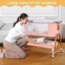 3-In-1 Baby Bassinet Bedside Sleeper, Convertible Baby Crib With Rocking Mode, Wheels And Adjustable Height, Foldable Bassinet With Breathable Mesh, Comfy Mattress, Storage Basket And Removable Mosquito Net,Mother's Day Gift - Pink - View 6