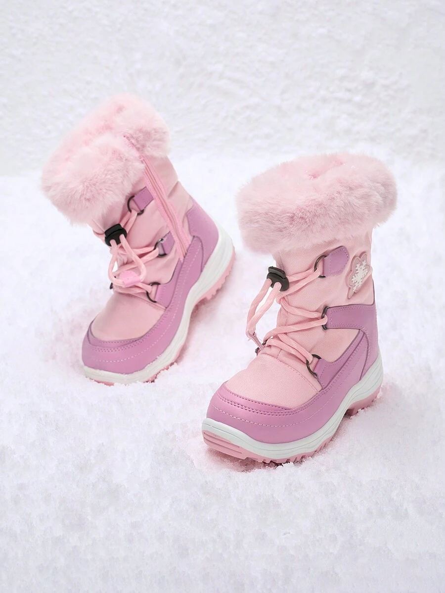 Boys Girls Toddle Snow Boots Mid Calf Slip Resistant Warm Lined With Snowflake-Shaped- Decoration For Christams Gifts - Hồng - Xem 1