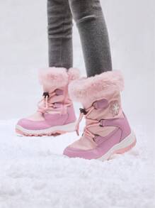 Boys Girls Toddle Snow Boots Mid Calf Slip Resistant Warm Lined With Snowflake-Shaped- Decoration For Christams Gifts - Hồng - Xem 3