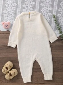 Baby Girls' Long Sleeve Embroidered Knit Romper - White - View 2