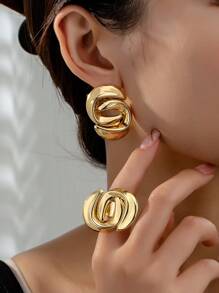 1 Set Minimalist Stylish Versatile Exaggerated Asymmetrical Design Rings And Earrings Suit, Suitable For Vacation And Daily Wear - Geometric Set - View 8