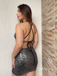 U Neck Set Sequin 2 In 1 Ties With Lining High Waist Skirt And Glitter Crop Top Parties Club Events Carnival Fashion Foreign Blogger - Nhiều màu - Xem 3