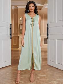 Women's Floral Printed Arabic Style Two Piece Dress Set - Green - View 6