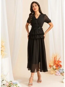 Black Dress New V-Neck Ruffle Waist Design Sense 2 In 1 Pressed Pleated Dress Chiffon Dress - Black - View 4
