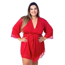 Sexy Plus Size Microfiber Robe With Satin Bow For Bride With Lace Details Half Sleeve - Red - View 1