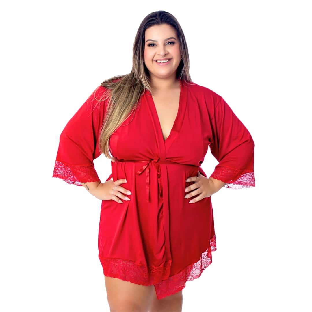 Sexy Plus Size Microfiber Robe With Satin Bow For Bride With Lace Details Half Sleeve - Red - View 1