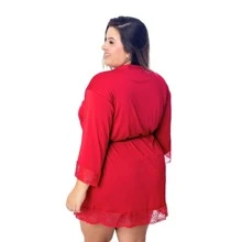 Sexy Plus Size Microfiber Robe With Satin Bow For Bride With Lace Details Half Sleeve - Red - View 2