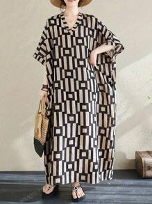 New Casual Vintage Floral Print V-Neck Mid-Length Dress For Women, Spring Summer Holiday Travel