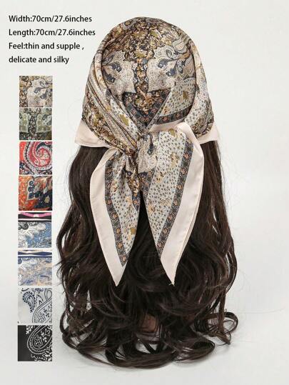 1入組印花波希米亞風量感方形絲巾，可作女性日常配件，並適用於頭帶、領巾、頸巾等穿搭