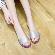 Women's Glitter Shiny Slide Sandals Jeweled Slip-On Shoes Sparkle Fancy Flat Slippers