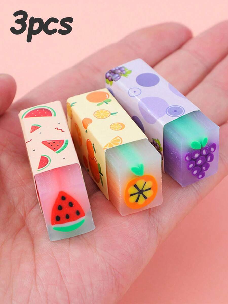 3-Pack Cartoon Fruit-Shaped Creative Erasers, Suitable For Primary School Exams, Children's Stationery, Painting, Sketching, Back-To-School Stationery Supplies , Back To School Gifts - Multicolor - View 1