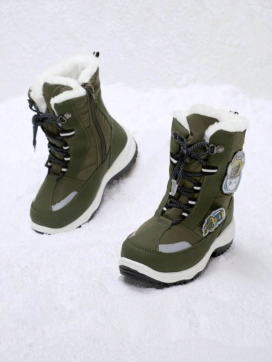 Boys Toddler Snow Boots Side Zipper Interchangeable Accessories Slip Resistant  Lined Mid Calf Little Kids Winter Shoes Stickers - 軍綠色 - 查看 1