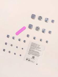 24 piezas de puntas de uñas de presión para los dedos de los pies en diseño cuadrado recortado, acabado brillante en azul klein, negro, gris, burdeos con decoración de pedrería y brillo, que incluyen 1 lima de uñas y 1 suministro de uñas adhesivas de gel de gelatina - azul real - Ver 10