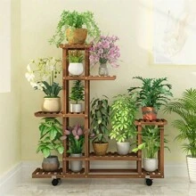 UNHO Plant Stand With Wheels: 6 Tiered Wooden Shelf Rolling Storage Rack Holder For Patio Garden Livingroom Balcony Yard Indoor Outdoor Display Potted Flowers Succulents Herbs - Màu Khaki - Xem 4