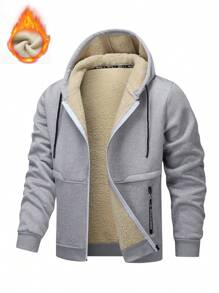 Men's Casual Solid Plush Hooded Zip Up Sweatshirt Jacket With Pockets, Warm Winter - Grey - View 1