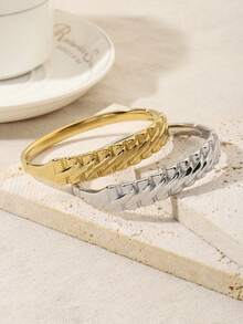 1 件时尚欧式 18K 镀金钛钢齿轮纹理手镯，适合婚礼、情人节、约会、派对、女士日常佩戴 - 鑄造手鐲 - 查看 6