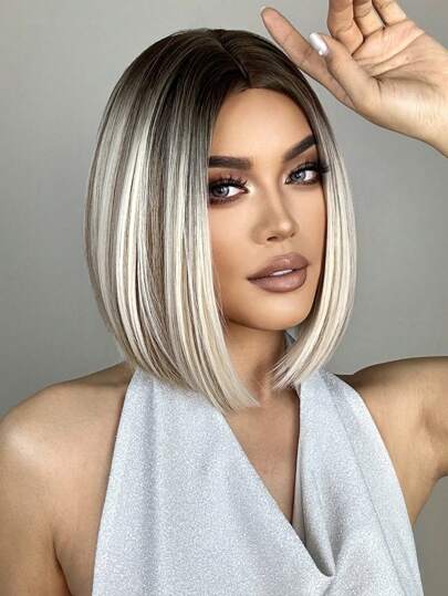 14英寸浅金色带深色发根，中分黑白相间短直发假发，美丽日常女士合成假发，角色扮演白色彩色合成假发，高温丝女士中分直发假发，节日及日常时尚合成假发，编织假发，适合万圣节和圣诞节