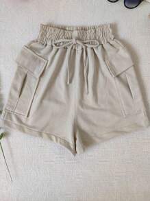 Shorts Bermuda Cargo Moletinho High Waist Super Model 2024 - 卡其色 - 查看 3