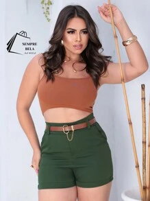 Women's Shorts With Brown Belt - Army Green - View 1