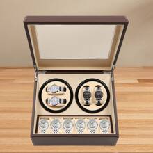 Almacenamiento de Relojes Caja enrolladora de Reloj automática Caja de Reloj de PU 4+6 Relojes Caja de Reloj Caja de exhibición de Almacenamiento de enrollador de Reloj de Madera para Hombres con Motor silencioso Negro Marrón - Marrón - Ver 4